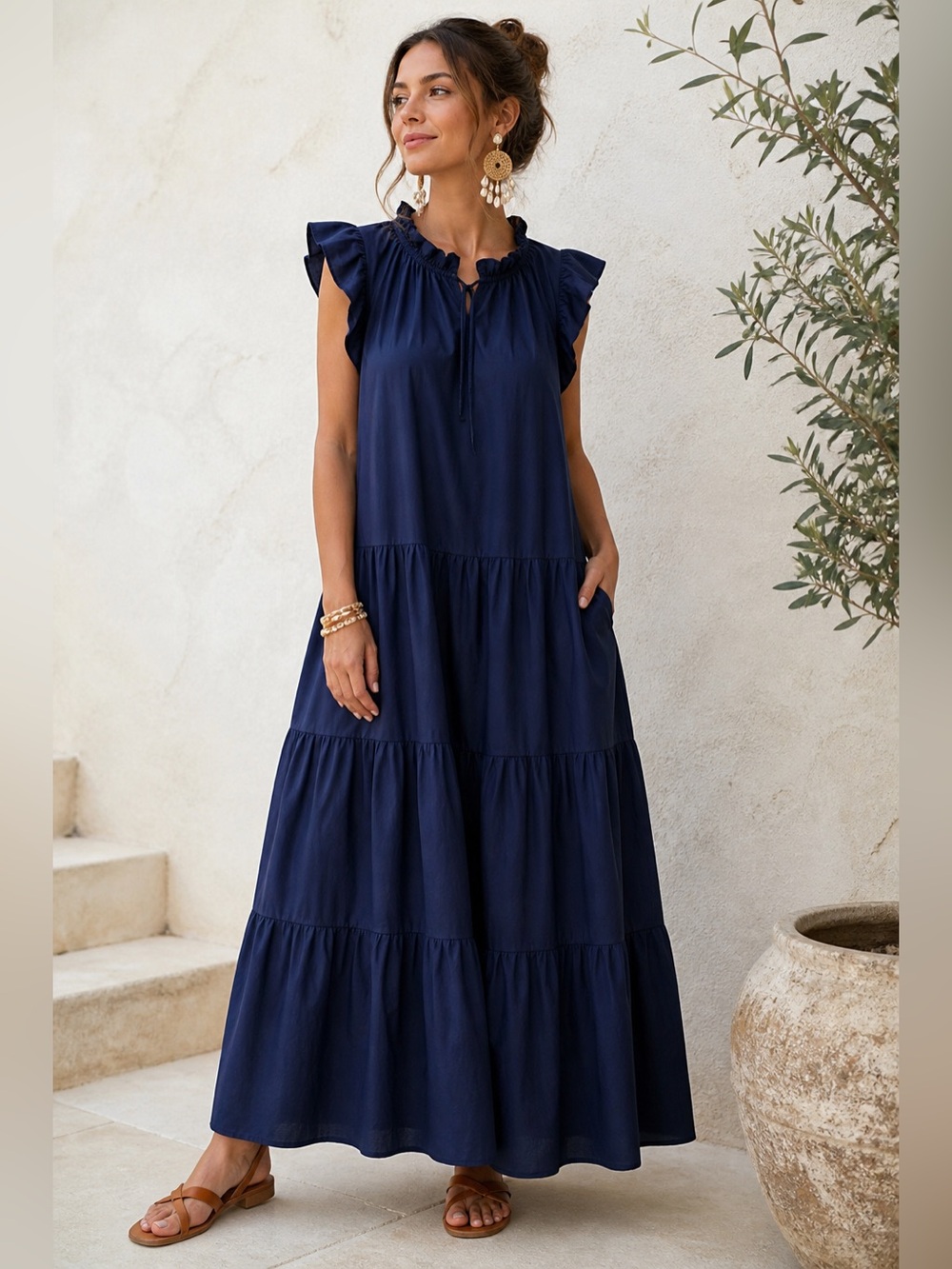 Women’s Navy Tiered Maxi Dress with Ruffle Shoulders